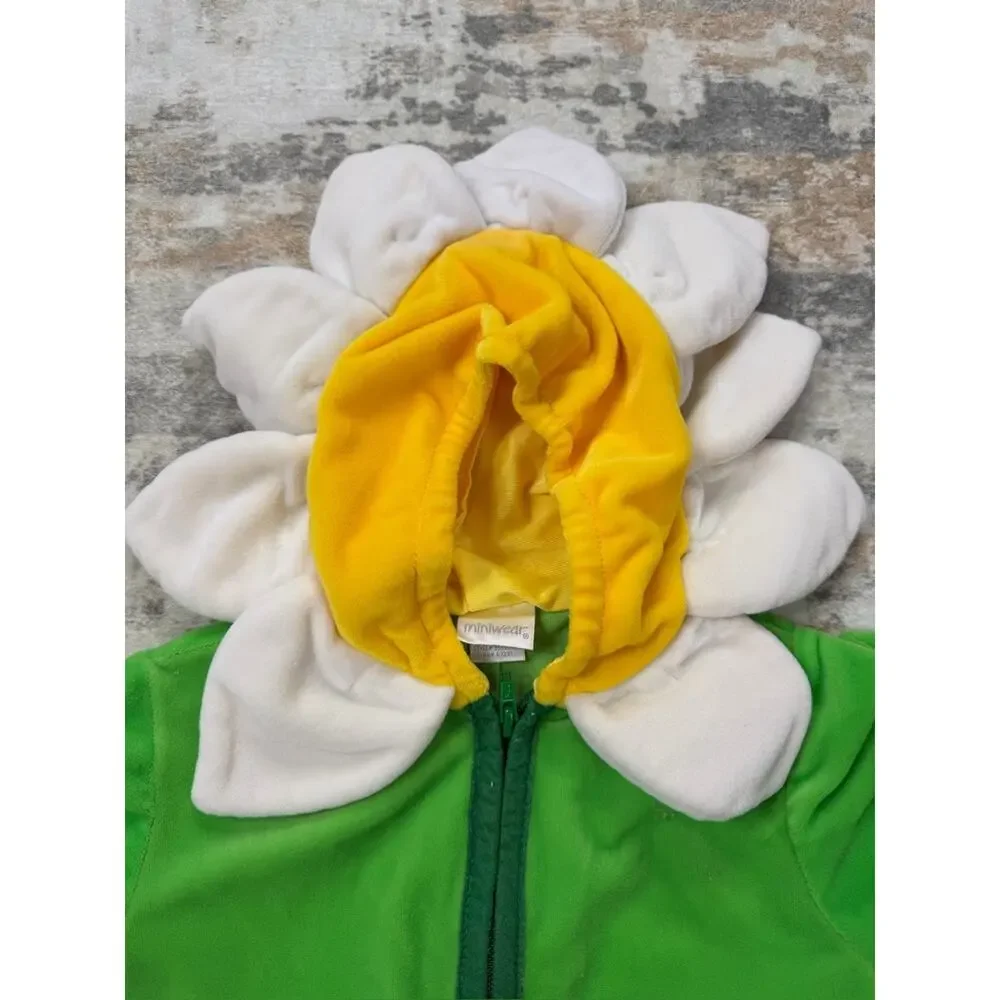 Y2K Green velour one-piece flower costume with padded daisy hood ladybug